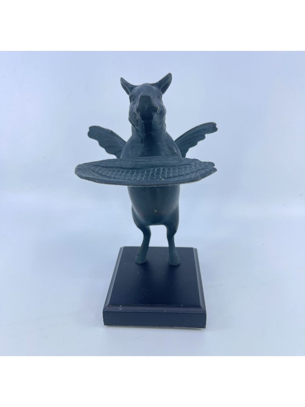 vintage winged pig figurine with business card tray on black base rustic decor